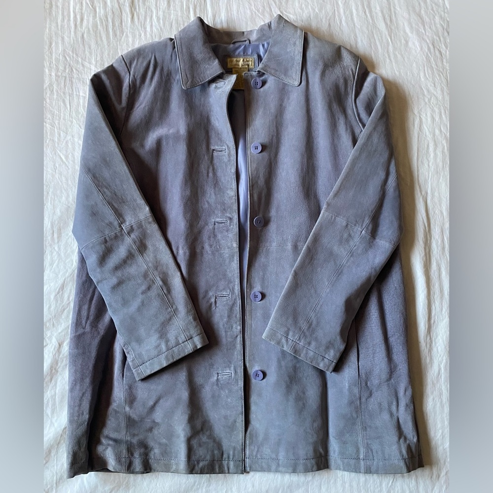 Vintage 90s Suede Button Up Jacket Overcoat, Grey/Periwinkle